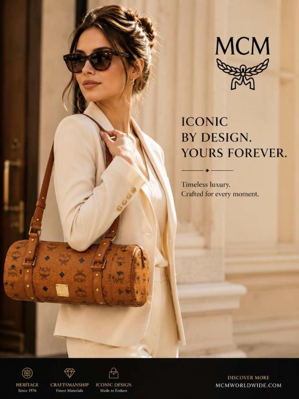 MCM VISETOS COGNAC MONOGRAM BARREL BAG WITH COA